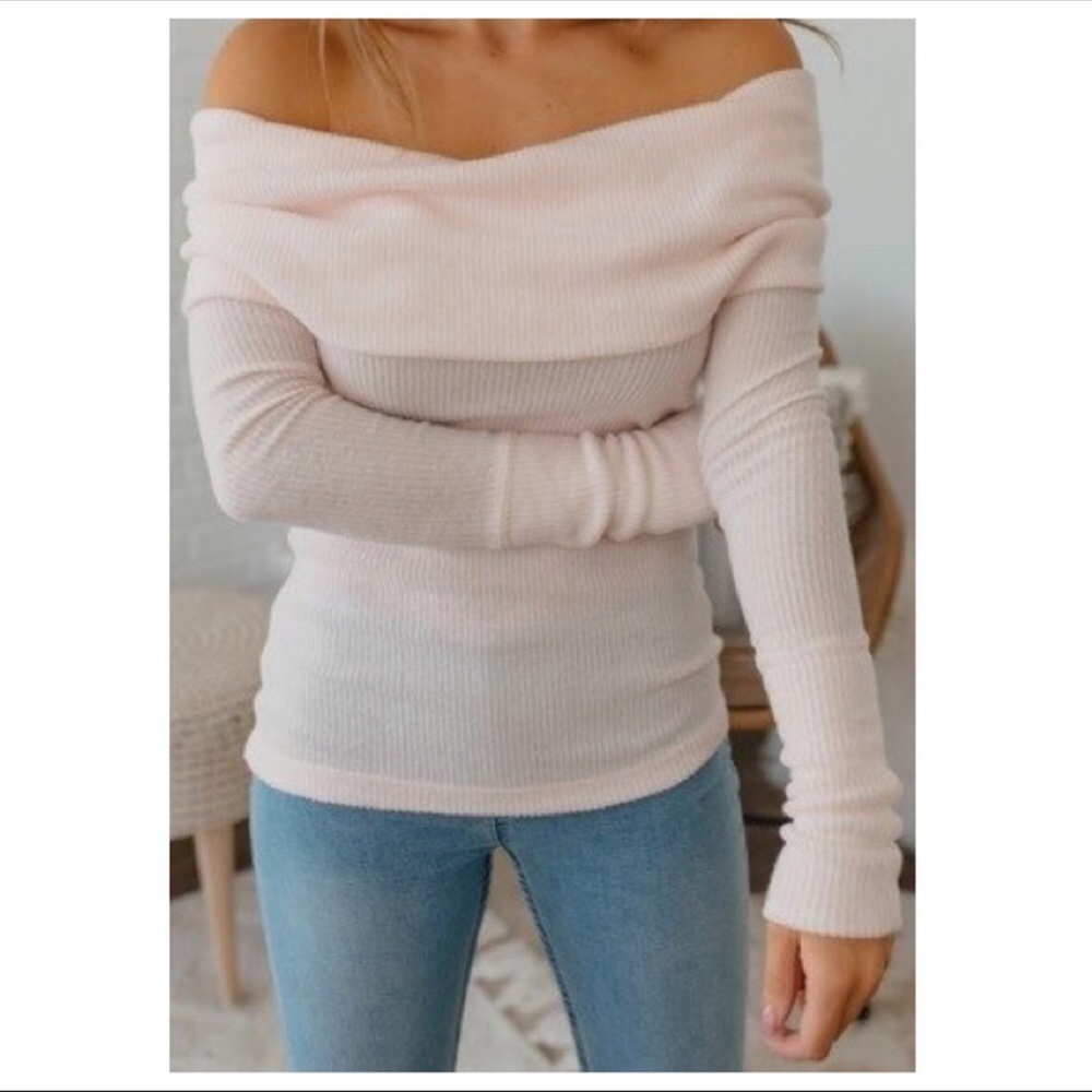 FREE PEOPLE SWEATER BOHO PULLOVER COZY OFF THE SHOULDERS BLUSH PINK TOP A3C - Picture 11 of 16